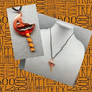Halloween Jack O Lantern Lollipop Necklace 20 In Resin Orange Black Candy Charm